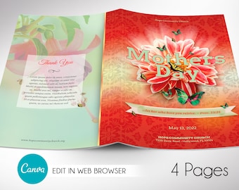 Mothers Day Program Template for Canva | Banquet Program, Church Bulletin | 4 Pages | Bi-fold to 5.5x8.5 inches