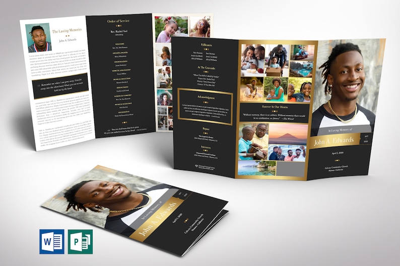 Remember Gold Tabloid Trifold Funeral Program Template for Word and Publisher is 17x11 inches. The tabloid trifold brochure features Gold and Black colors with beautiful typography, making it a great gift to remember your loved one. The trifold