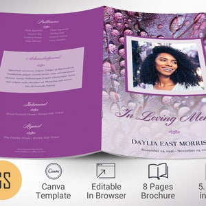 May include: Purple and white 8-page funeral program brochure with a photo of a woman and the text "In Loving Memory DAYLIA EAST MORRISON November 24, 1946 - November 24, 2022"