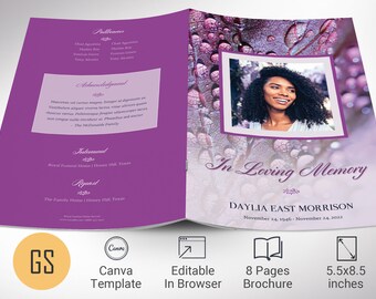 Purple Droplets Funeral Program Template for Canva | Bi-fold Brochure, Celebration of Life, Obituary Program | Size 5.5x8.5