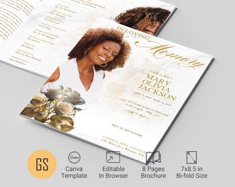 White Rose Funeral Program Template for Canva: 8 Page White & Gold Obituary Booklet (7x8.5)