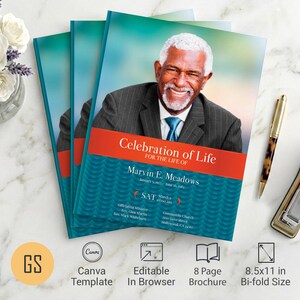 Modelo de Programa Funerário Ondas Aquáticas | Canva: Livreto para Igreja em Tons de Azul-petróleo e Laranja com 8 Páginas (21,6 x 27,9 cm) - Download Digital