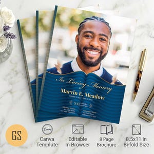 Blue & Gold Waves Funeral Program Template | Canva: 8-Page Bifold Memorial Obituary (8.5x11) Digital Download