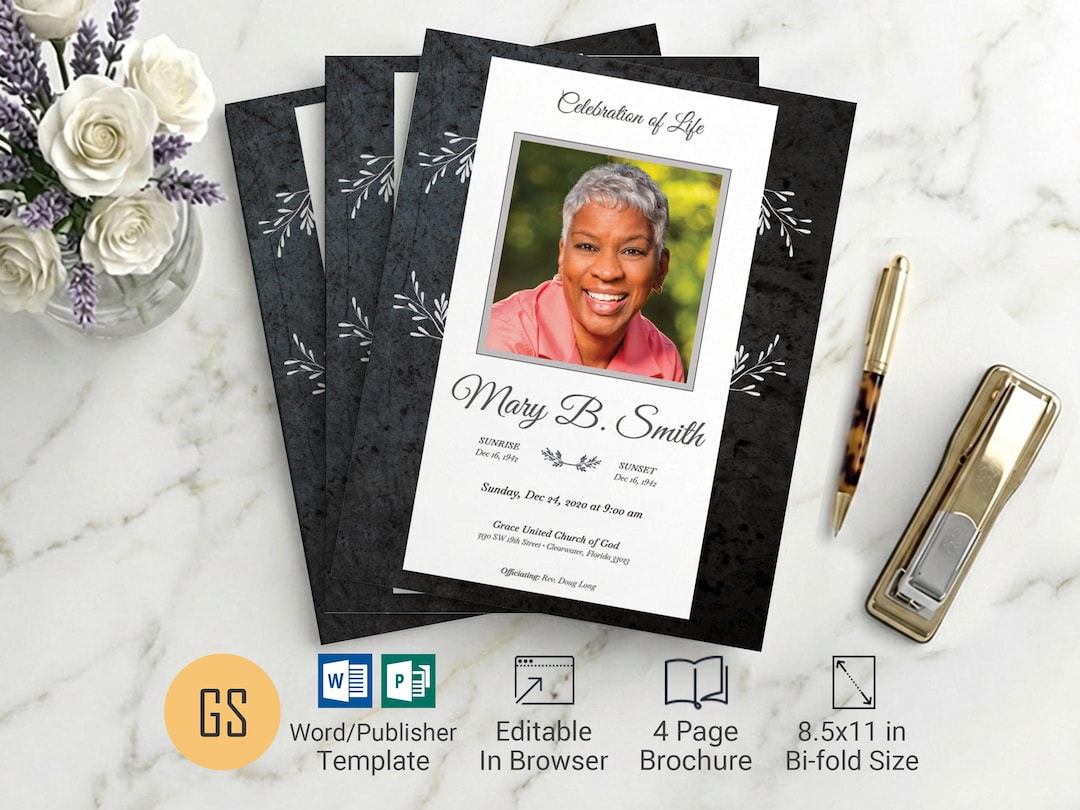 Black & White Funeral Program Template | Word and Publisher: 4-page