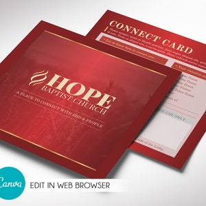 Red Square Connect-kaartsjabloon voor canvas, Red & Gold Church Welcome, New Here Guest, Church Connect, bewerkbare afdrukbare digitaal, 5,5 x 5,5 inch