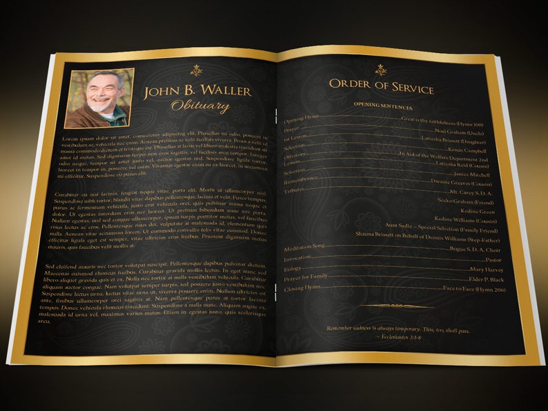 Black Gold Dignity Funeral Program Template, Word Template, Publisher, Celebration of Life, 8 Pages 5.5x8.5 inches image 3