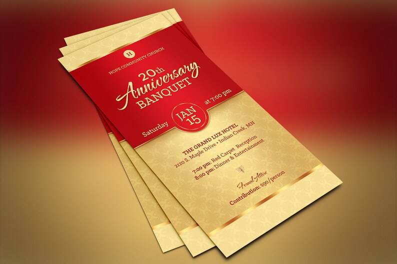 Red Gold Church Anniversary Banquet Ticket Template, Word Template, Publisher, Pastor Appreciation, Luncheon Ticket, 36 in image 5