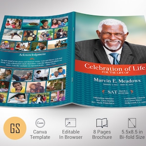Puede incluir: Folleto plegado en dos con un diseño turquesa y naranja. La portada presenta a un hombre sonriente con traje y el texto "Celebración de la vida". En el interior hay fotos y texto. El folleto mide 14 x 21,6 cm.