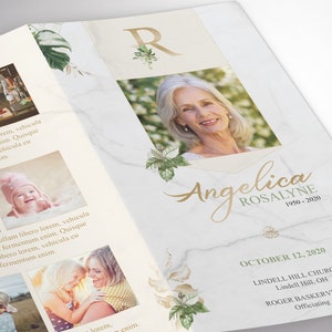 Tropica Legal Trifold Funeral Program Template for Word and Publisher is designed with green and gold, Tropical Florals, over a marble stone background. The legal Print Size of 14x8.5 inches is Trifold to 4.75x8.5 inches. The celebration of life