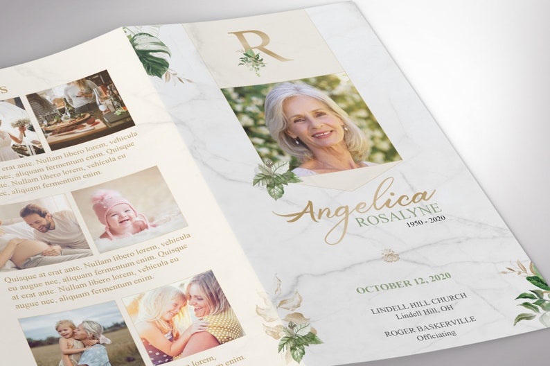 Tropica Legal Trifold Funeral Program Template for Word and Publisher is designed with green and gold, Tropical Florals, over a marble stone background. The legal Print Size of 14x8.5 inches is Trifold to 4.75x8.5 inches. The celebration of life