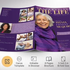 Plantilla de programa de funeral morado, Canva, bokeh morado y dorado, estilo revista, celebración de la vida, obituario de una mujer, 8 páginas, 5,5 x 8,5 pulgadas