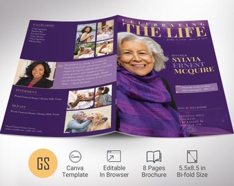 Life Funeral Program Template, Canva Template - Purple Gold | Magazine Style, Celebration of Life | 8 Pages | 5.5x8.5 in