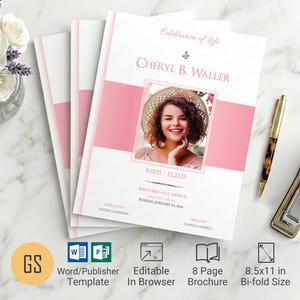 White and Pink Funeral Program Template | Word & Publisher: 8-Page Bifold Obituary (8.5x11) Digital Download