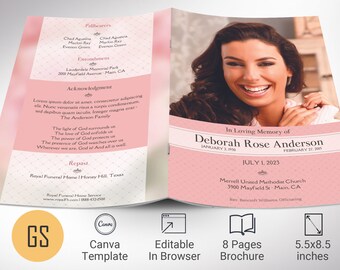 Glamour Funeral Program Template, Canva Template | Celebration of Life, Obituary Program | 8 Pages | 5.5x8.5 inches