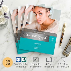 Silber & Teal Trauerprogramm Vorlage: 4-seitige Trauerkarte für Word Digital (8.5x11).