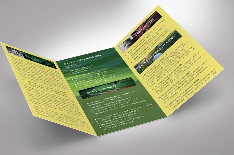 Charity Golf Tournament Trifold Brochure Template, Word-Vorlage, Verlag, Golfspiele, grün, gelb, 11x21,5 cm Bild 4