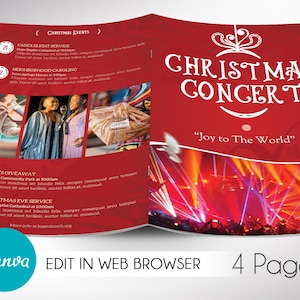 Peut inclure: Une affiche de concert de Noël rouge et blanche avec un motif d'ornement festif. L'affiche annonce un concert de Noël avec le titre "Concert de Noël" et le slogan "Joy to The World". L'affiche liste également plusieurs événements de Noël, notamment un service aux chandelles, des chants de Noël de quartier, un don de jouets et un service de la veille de Noël.