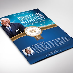 May include: A blue and gold program for Pastor Appreciation Sunday at Hope Community Church. The program features a photo of Pastor Ed Williams and a guest preacher, Rev. Simon Parshall. The program includes the date October 8, 2013, and the church's website address.