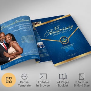 May include: A blue and gold booklet for the 25th Anniversary Charity Ball. The cover reads "25th Anniversary Charity Ball" with gold accents. The inside spread features a couple and the text "Congratulations to Hope Community Church on Celebrating 55 Years of Service to the Lord."