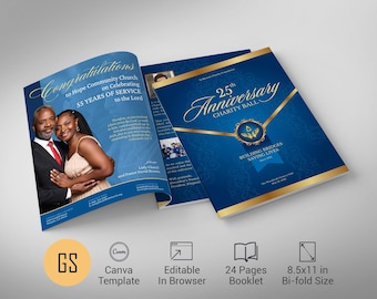 May include: A blue and gold booklet for the 25th Anniversary Charity Ball. The cover reads "25th Anniversary Charity Ball" with gold accents. The inside spread features a couple and the text "Congratulations to Hope Community Church on Celebrating 55 Years of Service to the Lord."