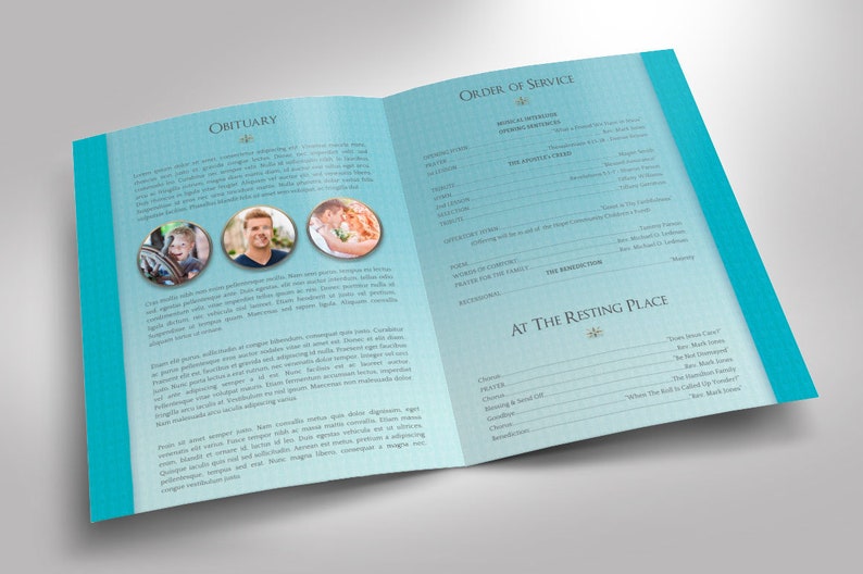 Oceanic Tabloid Funeral Program Template for Word and Publisher has 8 Pages. The celebration of life bi-fold brochure features a vivid ocean with a blue sky. The Print Size of 17x11 inches is Bi-Fold to 8.5x11 inches. An oceanic theme.