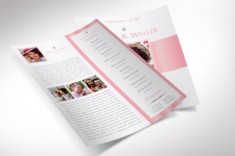 White Pink Funeral Program Template, Single Sheet Word Template, Publisher V1 Celebration of Life 8.5x11 in image 2