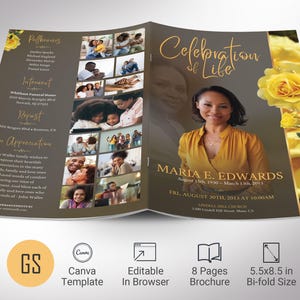 Plantilla de programa de funeral de rosa amarilla, Canva, oro amarillo, carta de EE. UU., plegable, celebración de la vida, plantilla de obituario de mujeres, 8 páginas, 5,5 x 8,5"