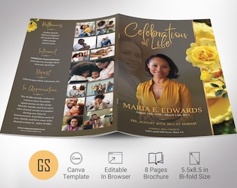 Yellow Rose Funeral Program Template | Canva: 8 Page Bifold Memorial Obituary (5.5x8.5) Digital Download