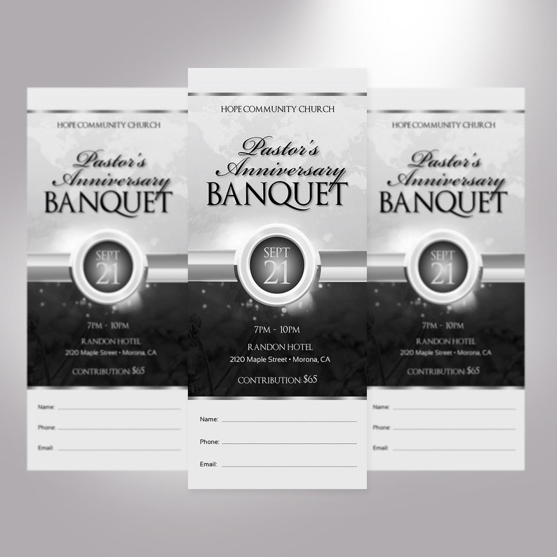 Black Silver Clergy Banquet Ticket Template Word Template, Publisher, Church Anniversary, Pastor Appreciation 3x7 in image 2