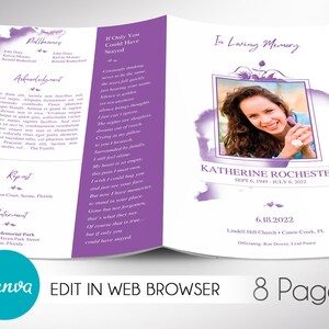 Purple Blossom Funeral Program Template: 8-Page Obituary (Canva)
