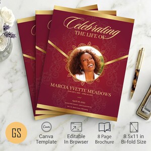 Burgundy & Gold Funeral Program Template for Canva: 8-Page Tabloid Bifold Obituary (8.5x11) Digital Download