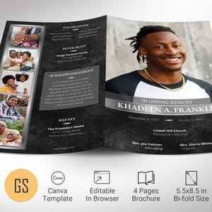 Plantilla de programa funerario de Silver Rock para Canva, color negro, descarga editable, celebración de la vida, plantilla de obituario para hombres, 4 páginas, 5,5 x 8,5"