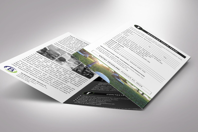 Charity Golf Tournament Brochure Word Template is designed with a classic golf theme of Green, black and white colors. Print Size: 11x8.5 inches, Tri-fold Size: 3.65x8.5 inches is for charity golf tournaments and tee-off games.