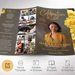 Plantilla de programa de funeral de rosa amarilla, Canva, oro amarillo, carta de EE. UU., plegable, celebración de la vida, plantilla de obituario de mujeres, 4 páginas, 5,5 x 8,5"