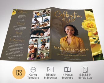 Yellow Rose Funeral Program Template | Canva: 4 Page Bifold Memorial Obituary (5.5x8.5) Digital Download