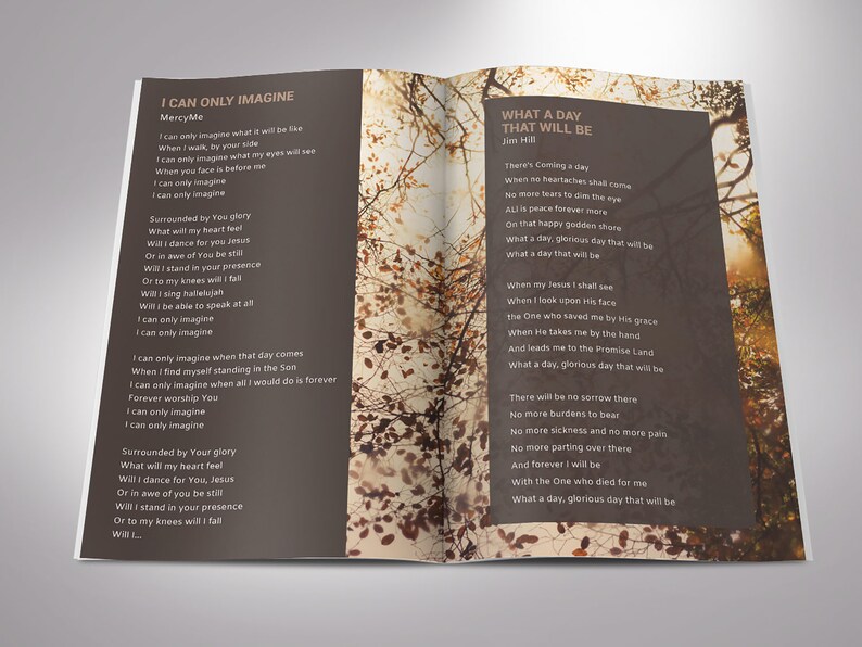 Capture the essence of your loved ones life with our Brown Funeral Program Template for Word and Publisher. This modern and stylish template features 8 pages, with a print size of 11x8.5 inches, elegantly folded to a bi-fold size of 5.5x8.5 inches.