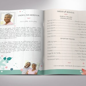 Spring Funeral Program Template for Word and Publisher has 8 pages. The Celebration of Life obituary template is a scrapbook style with teal, beige, and pink. The Print Size of 11x8.5 inches is Bi-Fold to 5.5x8.5 inches. Designed for funerals