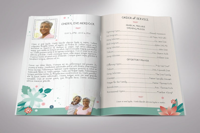 Spring Funeral Program Template for Word and Publisher has 8 pages. The Celebration of Life obituary template is a scrapbook style with teal, beige, and pink. The Print Size of 11x8.5 inches is Bi-Fold to 5.5x8.5 inches. Designed for funerals