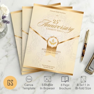 Cream & Gold Anniversary Gala Program Template | Canva: 8 Page Bifold Brochure (8.5x11) Digital Download