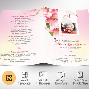 Peut inclure: Un programme funéraire rose et blanc avec une photo d'une femme souriante. Le programme est intitulé "Une célébration de la vie" et comprend le nom "Anna Sue Green" avec les dates de naissance et de décès. Le programme comprend également la date et le lieu des funérailles ainsi que le nom du pasteur officiant.