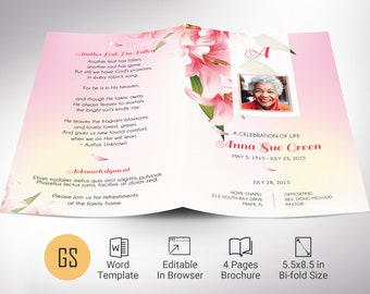 Tulips Funeral Program Template, Word Template, Publisher, Celebration of Life, Obituary Template for Women, 4 Pages, 5.5x8.5 in