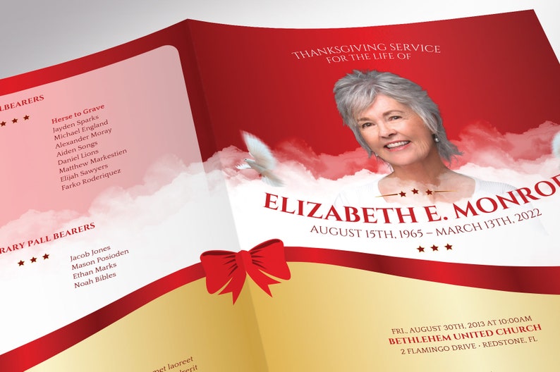 Red Ribbon Tabloid Funeral Program Template for Canva has 8 Pages and is designed with a red ribbon over a golden background and clouds. The Tabloid Print Size of 17x11 inches is Bi-Fold to 8.5x11 inches. The celebration of life bi-fold brochure