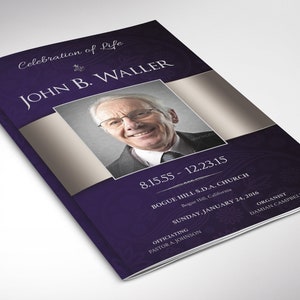 May include: A purple funeral program with a silver ribbon and a photo of a man wearing glasses. The program includes the name "John B. Waller", the dates "8.15.55 - 12.23.15", the church name "Bogue Hills S.D.A. Church", the date and time of the service, and the names of the officiant and organist.