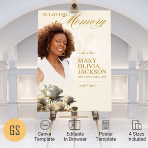 May include: A memorial poster on an easel features a portrait of Mary Olivia Jackson, with the dates Sept 5, 1950 - Mar 14, 2023. The poster includes the text "In Loving Memory" and decorative floral elements. The poster is a Canva template.