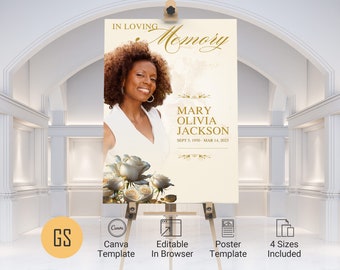 May include: A memorial poster on an easel features a portrait of Mary Olivia Jackson, with the dates Sept 5, 1950 - Mar 14, 2023. The poster includes the text "In Loving Memory" and decorative floral elements. The poster is a Canva template.