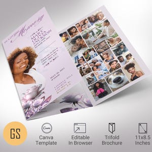 Plantilla de programa funerario Rose: obituario tríptico en tonos morados pastel para Canva (11x8.5) Descarga digital
