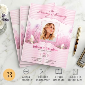 Pink Waves Funeral Program Template for Canva: 8-Page Floral Bifold Obituary (8.5x11) Digital Download)