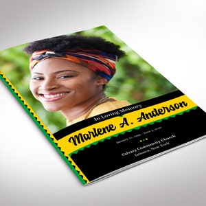 Può includere: Un programma funebre nero e giallo con accenti verdi. Il programma presenta una foto di una donna con un foulard colorato. Il testo recita "In memoria affettuosa Marlene A. Anderson 16 gennaio 1999 - 5 giugno 2020 Chiesa Comunitaria Calvary Jamaica, New York"