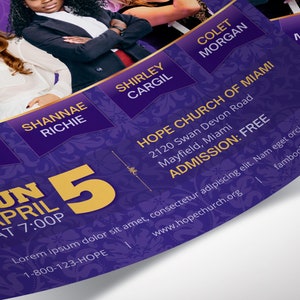 K&ouml;nnte beinhalten: Lilafarbener Flyer mit goldener Schrift, der einen Sonntagsgottesdienst in der Hope Church of Miami am 5. April um 19:00 Uhr ank&uuml;ndigt. Der Flyer zeigt Fotos der Pastoren der Kirche und den Text "EINTRITT: FREI".
