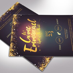 Emmanuel Christmas Flyer Word Publisher Template, Size 5 x 8 inches,  is for events during the Christmas season. Great for Christmas Cantatas, Plays, Pageants, Banquets, Dinner Dance, etc. It has a deep night blue background and golden stars.